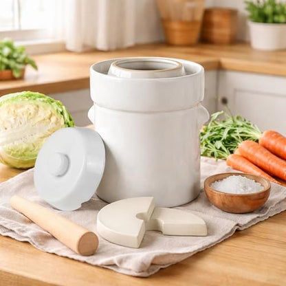 Fermentation Crock Jar 10 Liter/2.6 Gallon - Stoneware Pot for Fermenting, Pickling Kimchi, Pickles, Vegetables, Kombucha - Glazed Fermenter with Stone Weights, Lid-White