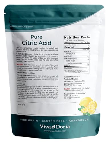 Viva Doria 100% Pure Citric Acid, Food Grade, Fine Grain, 5 Pounds (80 Ounces) - size: 5 Pound (Pack of 1)