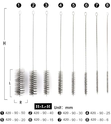 16 1/2 Inch Extra Long Stainless Steel Tube Brushes, Wire Pipe Cleaning Set with Stainless Steel Bristles, Tube Bottle Brush Kit, 8 Sizes for Auto Parts, Bottles, Tubes, Etc