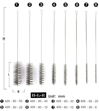 16 1/2 Inch Extra Long Stainless Steel Tube Brushes, Wire Pipe Cleaning Set with Stainless Steel Bristles, Tube Bottle Brush Kit, 8 Sizes for Auto Parts, Bottles, Tubes, Etc