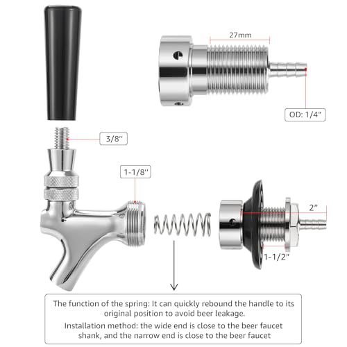 Draft Beer Faucet Shank Kit, Not Stick No Leak Brewing O.D 1/4" Beer Line Barb 1-1/2'' Beer Shank Stainless Steel Core Brass Body Kegerator Beer Tap Self-Closing Spring Spanner Wrench