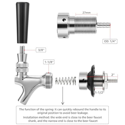 Draft Beer Faucet Shank Kit, Not Stick No Leak Brewing O.D 1/4" Beer Line Barb 1-1/2'' Beer Shank Stainless Steel Core Brass Body Kegerator Beer Tap Self-Closing Spring Spanner Wrench