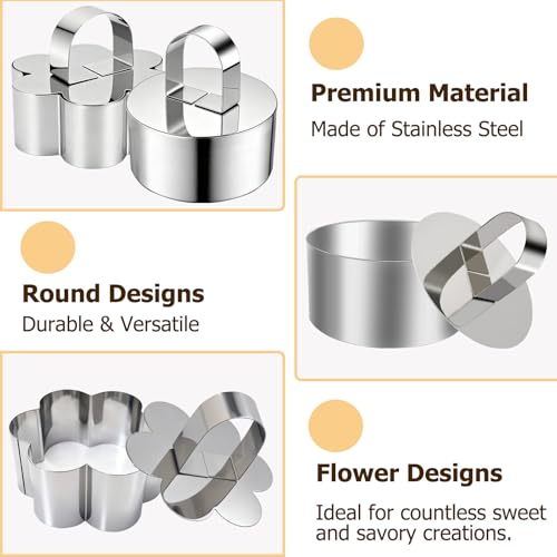 4 Pack Food Molds Set, 3.15-Inch Cake Ring Mold, Stainless Steel Cooking Rings with Pastry Brush for Food Presentation - size: 3.15In-2 Round+2 Flower-Shaped