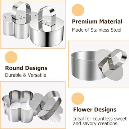 4 Pack Food Molds Set, 3.15-Inch Cake Ring Mold, Stainless Steel Cooking Rings with Pastry Brush for Food Presentation - size: 3.15In-2 Round+2 Flower-Shaped