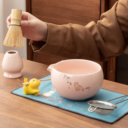 Matcha whisk 7-piece set,Pink Matcha Set， matcha bowl with nozzle, matcha whisk stand, spoon, stainless steel sieve, cloth mat, spoon stand, is a home kitchen decoration gift (pink)