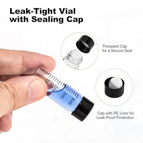 FOUR E'S SCIENTIFIC 4ml Glass Graduated Vials 100 Pack, 1 Dram Clear Lab Sample Vials with Plastic Screw Caps Borosilicate Glass Sample Bottles for Liquid Powder Storage - color: Transparent