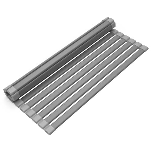 KABUM 17.72x11.81 Heavy-Duty Aluminum Alloy Roll Up Dish Drying Rack, Food-Safe Coating with Anti-Skid Silicone, Extra Wide & Thickened Sink Drying Rack for Kitchen Counter, Space-Saving Organizer