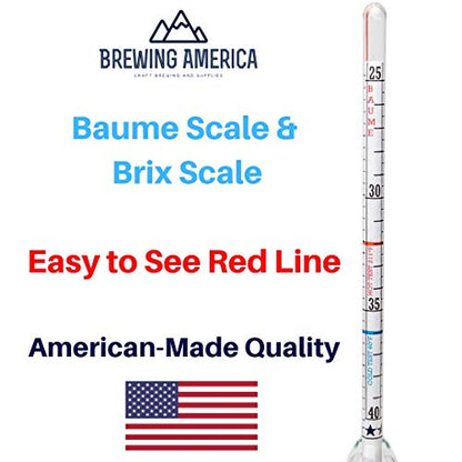 Brewing America USA-Made Maple Syrup Hydrometer - Density Meter for Sugar and Moisture Content Measurement – Made in America - BRIX & Baume Scales - Easy Read Red and Blue Line Calibrated