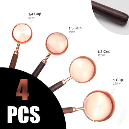 SHIKORI Gold Measuring Cups and Spoons Set with Wood Handles, Premium Stainless Steel Measuring Spoons and Measuring Cups Set, For Cooking and Baking in the Kitchen-Rose Gold-4Cups - color: Rose Gold-4Cups