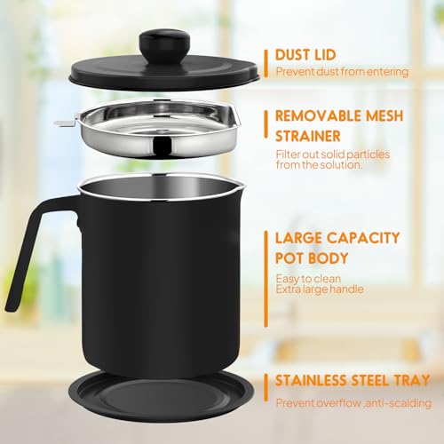 Chihee Grease Container Stainless Steel 2L / 67.6 fl oz Fine Mesh Strainer | Easy to Clean Large Spout Bacon Grease Saver Cooking Oil Keeper Stoarge Can with Dust-proof Lid Non-slip Tray Kitchen Frying - color: Black(2L)