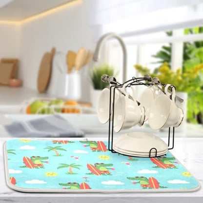 Crocodile Palm Trees Dish Drying Mat for Kitchen Counter Super Absorbent Draining Mat with Non-slip Backed Dishwashing Mat for Dish Cups Bowl Bottles Countertops Sinks Draining Racks