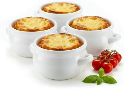 KooK French Onion Soup Crocks with Handles, Ceramic, Dishwasher, Microwave, Oven & Broil Safe, White Set of 4, 18 oz - style: White