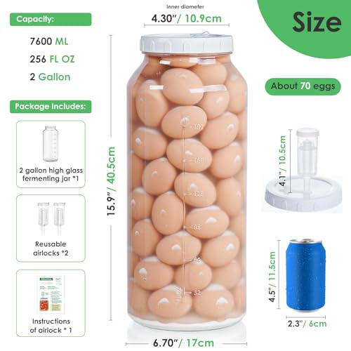 2 Gallon Glass Jar with Airtight Lid, Wide Mouth Wine Making Supplies with 2 Airlocks(7600ML), Pickle Jar, Gallon Fermentation Jar with Clear Scale Marks for Home Brew, Kombucha, Cider, Beer