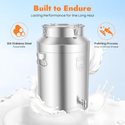 Stainless Steel Milk Can, 76L/20.1Gal Metal Drink Dispenser Airtight Canister with Faucet & Lid, Wine Oil Beverage Storage Container for Kitchen Restaurant Party, W15.8*H25.2in - size: 76L/20.1Gal w/Faucet
