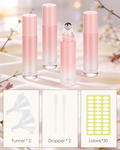 Worldgsb 25 Pack Essential Oil Roller Bottles, 10ml Refillable Glass Roller Bottles with Stainless Steel Roller Balls and Caps for Travel, Perfume and Lip Gloss Pink Gradient - color: Pink-Gradient, style: 25 Pack