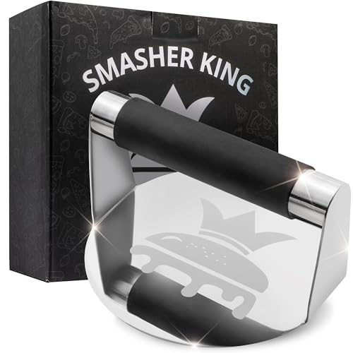 SMASHER KING™ - Mirror Polished Stainless Steel Smash Burger Press - Hamburger Smasher Tool for Griddle Cooking - Heat Resistant Handle Grill Press and Meat Weight - Burger Patty Maker for Perfection