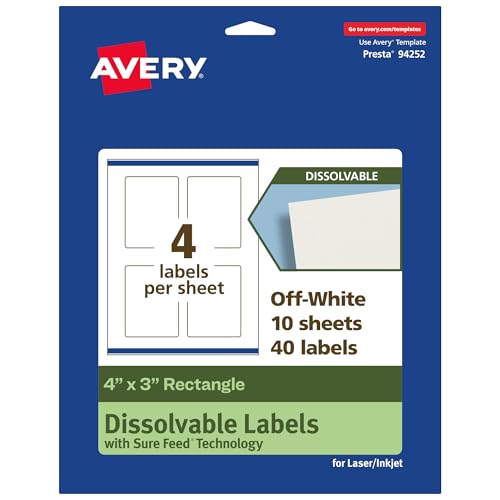 Avery Dissolvable Rectangle Labels, Sure Feed Technology, 4" x 3", Matte White, Print-to-The-Edge, Laser/Inkjet Printable, 40 Labels Total - style: 40 labels