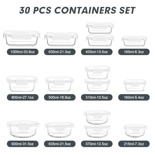 VERONES 30 Pieces Glass Meal Prep Containers Set, Stackable Food Storage Containers with Lids-Airtight Glass Lunch Containers，for Microwave, Oven, Freezer & Dishwasher,White - color: White-30