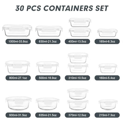VERONES 30 Pieces Glass Meal Prep Containers Set, Stackable Food Storage Containers with Lids-Airtight Glass Lunch Containers，for Microwave, Oven, Freezer & Dishwasher,White - color: White-30