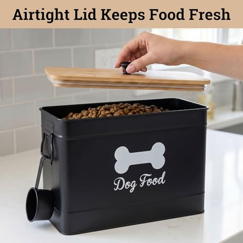 Dog Food Container Airtight Bamboo Lid 15-20 lb Sturdy Metal Handle 70 Cups | Pet Jar For Dogs up to 100lbs, Airtight Bamboo Lid, Sturdy Comfortable Metal Handle, Powder Coated Iron, Kibble Storage Bin - color: Black