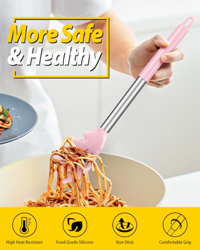 Silicone Pasta Fork and Ladle Spoon Set, Large Non Stick Kitchen Utensils for Cooking,Stirring,Serving Spaghetti, Soup, Sauce (PINK) - color: Pink