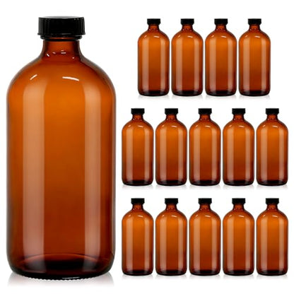 15 Pack 16 oz Amber Glass Boston Round Bottles with Phenolic Polycone Caps – Airtight, Leak-Proof Brown Bottles for Kombucha Brewing, Storing Condiments, Essential Oils, and Homemade Solutions - size: 16 Ounces