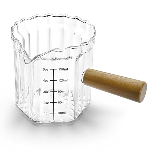 Espresso Measuring Cup 5 Oz, Espresso Glass Cups with Wood Handle, Milk Frothing Cup, Espresso Cup for Coffee, Milk, Tea or Maple Syrup Serving (Transparent, 5 oz) - color: Transparent Color, size: 5 oz