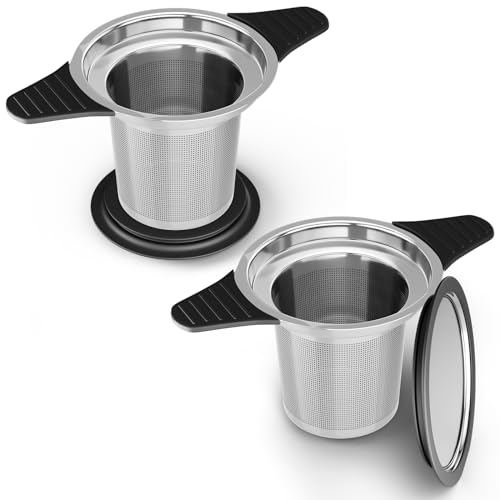 Reinmoson 2 Pack Large Tea Strainers& Filters for Loose Tea Single Cup, 304 Stainless Steel and Food Grade Silicone Extra Fine Mesh Tea Infusers - color: Black, size: 2 Pack