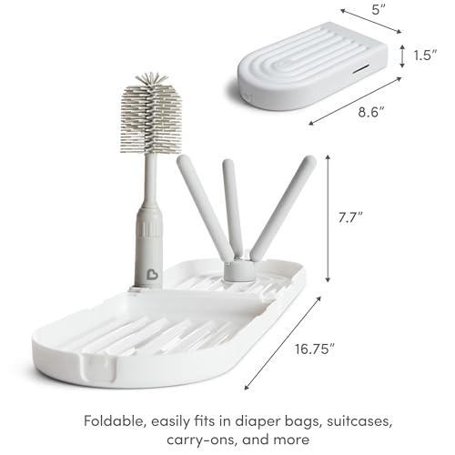Munchkin® Travel Baby Bottle Drying Rack with Silicone Bottle Brush - Compact and Foldable, Fits Easily in Diaper Bags for On-the-Go Use