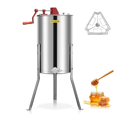 FOHERE 3-Frame Honey Extractor, Food-Grade Stainless Steel Manual Beekeeping Equipment, Apiary Centrifuge with Height-Adjustable Stand, Perfect for Hobby Beekeepers & Home Apiaries - size: 3 Frame