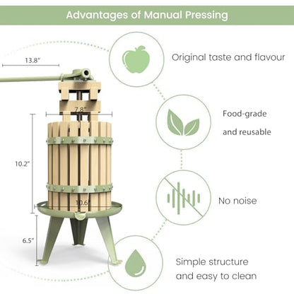 1.6 Gallon Green Fruit and Wine Press, Manual Cider Juice Maker with Solid Beech Wood Basket & Heavy-Duty Stand for Apples, Grapes, Berries - color: Green, size: 1.6 Gallon