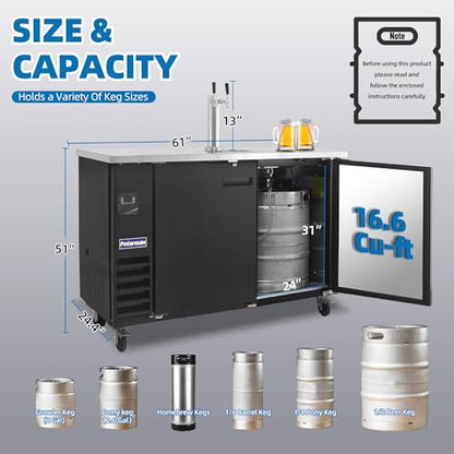 Polarman 16.6 Cu-ft Beer Kegerator Double Tap Draft Beer Dispenser Commercial Refrigerator for Bars and Restaurants With 2 Coupler, Drip Tray 33°F- 41°F Temperature Control-Direct Draw - size: 61"W Double Tap