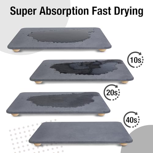 Large Stone Dish Drying Mat for Kitchen Counter, 24"×16" Quick Dry Super Absorbent Eco-Friendly Diatomaceous Earth Stone Mat with hemisphere wooden feet, Non-slip, Heat Resistant, Multi-purpose mats. - size: 24" x 16"