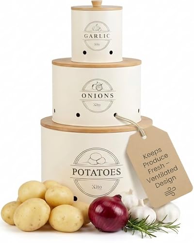 Kito LIVING Canister Sets for Kitchen Counter with Wooden Bamboo Lids, Kitchen Canisters for Countertop, Stackable Steel Farmhouse Canisters for Potato Storage, Onion and Potato Storage Bins - Cream - color: Cream, style: Potato, Onion, Garlic