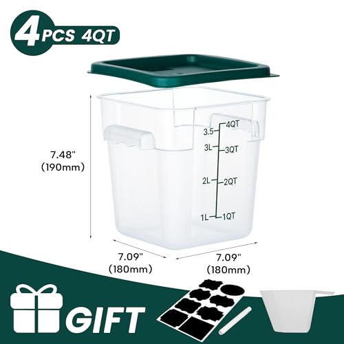 BIEAMA 4 Pack Food Storage Containers with Lids, 4 Quart Square Commercial Food Containers, NSF, Polycarbonate, Clear - color: 4Qt-4 Pack(Green Lids)