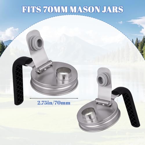 2 Pack Mason Jar Lids Stainless Steel Mason Jar Pour Spout Lid Regular Mouth with Handle Flip Cap Airtight Handle Lid,Canning Supplies. Leak Proof Seal Cover Easy To Open (70MM) - size: 70MM