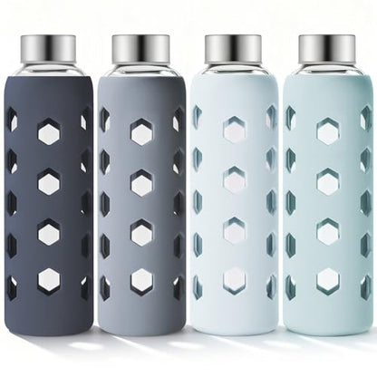 Mrsdry Glass Juice Bottles with Lids and Silicone Sleeves 18 oz, 4-Pack Reusable Clear Glass Water Bottles with Stainless Steel Airtight Cap for Juicing, Refrigerator, BPA Free Leak-Proof Drinking Jar - color: Gray