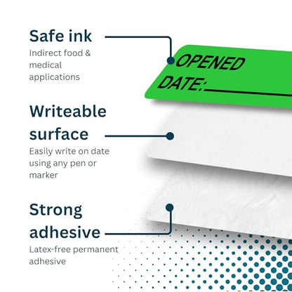 Opened Date Labels for Medical, Food & Lab Use - 800 Fluoro Green Write-on Small Stickers (12mm x 40mm / 0.5" x 1.5") in Dispense Box. Strong Latex-Free Adhesive & Indirect Food/Medical Safe Ink - style: Opened Date