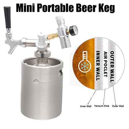 Mini Stainless Steel Beer Keg,Portable Home Dispenser System to Keep Fresh for Home Kitchen Brewing Beer,Keeps Carbonation for Craft Beer Draft and Homebrew,2 liters