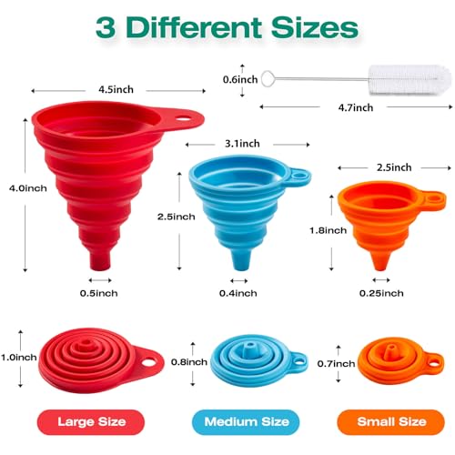 KALAVE Kitchen Funnel Set 6 Pack - Food Grade Silicone Collapsible Funnel, Funnels for Kitchen Use Filling Bottles, Daily Cooking, and Water or Powder Transfer. (Multicolor)