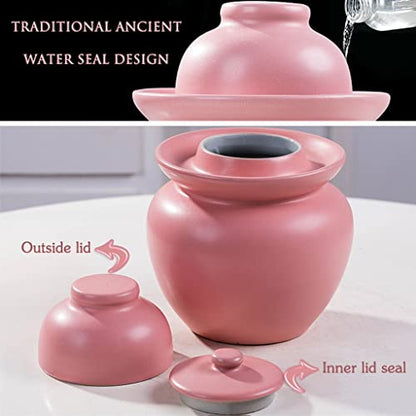 Fermenting Jars Water Seal Household Multi-capacity Options Pickle Jar, Double Lid Water Seal Kimchi Jar, Chinese Style Thickened Ceramics Grain Storage Barrel (Color : Pink, Size : 1.5kg) - size: 1.5kg