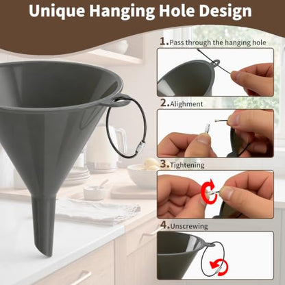 Plastic Kitchen Funnel Set, Round Food Grade Funnels for Kitchen Use Filling Bottles&Canning, Multifunctional Funnels Suitable for Cooking, Lab and Automotive Use, Grey(3 Steel Loops + 1 Clean Brush)