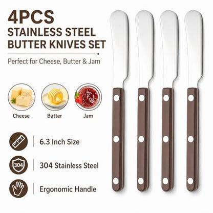 4PCS Stainless Steel Butter Knives Set: 6.3 Inch Cheese Spreader 304 Stainless Steel with Ergonomic Handle for Cheese, Butter & Jam (brown) - color: brown
