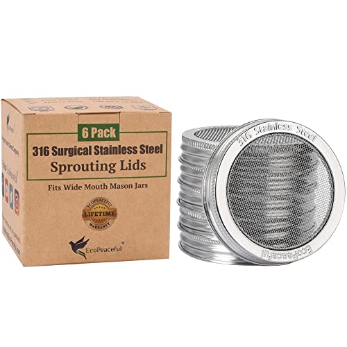 6-Pack - ONE-PIECE- 316 Surgical Stainless Steel Sprouting Lids for Wide Mouth Mason Jar - Ball or Kerr - Strainer Mesh Lids - Rust-Proof - size: 6 Count (For Wide Mouth Jar 3 3⁄8" Outer ∅)