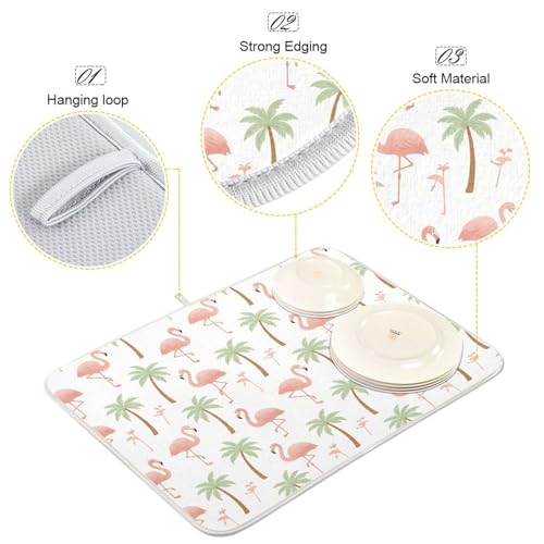 Tropical Flamingo Palm Tree Dish Drying Mat for Kitchen Counter Super Absorbent Draining Mat with Non-slip Backed Dish Rack Pad for Dish Bottles Cups Bowl Sinks Countertops Draining Racks