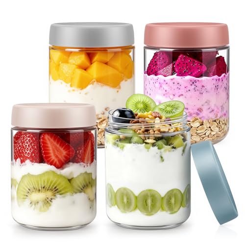 4 pack 16 oz Overnight Oats Containers with Lids and Spoons Glass Jars with Airtight Lids: Wide Mouth Mason Salad Jars, Leakproof and Reusable Glass Food Storage Container for Yogurt Snacks Spice - color: Multicolor, size: 16oz, 4Pack