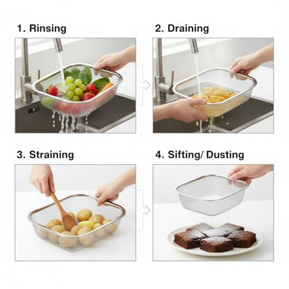 18/8 Stainless Steel Colander Strainer for Kitchen, Rectangular Colander for Pasta, Vegetables, Fruits, Rustproof & Dishwasher Safe (8.27 x 6.69 x 2.17 inch) - size: 8.27 x 6.69 x 2.17 inch