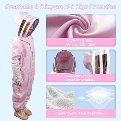 Pink Kids Bee Suit Bee Suits for Kids and Girl Full Body Kid Beekeeping Suit with Veil Hood and Glove Children Beekeeper Bee Costume 100% Cotton Skin Breathable for Family, Backyard, Gifts, Halloween