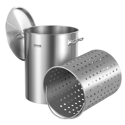 VEVOR Stainless Steel Stockpot, 36 Quart Cooking Pots, Cookware Sauce Pot with Basket, Lid, and Handle, Heavy Duty Commercial Grade Stock Pot, Sanding Treatment, for Steaming Boiling or Frying Silver - size: 35.9 Quarts