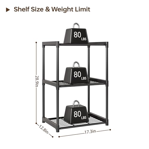 3-Tier Storage Shelves with Plastic Connectors – Metal Shelf Organizer for Pantry, Closet & Bathroom, Space-Saving Sturdy Shelving Unit Rack, Black, 17.3" x 12.8" x 28.9" - size: 17.3" x 12.8" x 28.9"(3T)